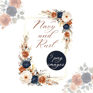 May include: Watercolor floral design with navy, rust, and white flowers. The text "Navy and Rust" is displayed in elegant script, with a circular graphic that reads "5 png images". The design is set against a white background.