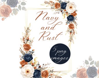Navy and rust floral frame clipart, watercolor gold flowers border PNG, Blue burnt orange wedding invitation