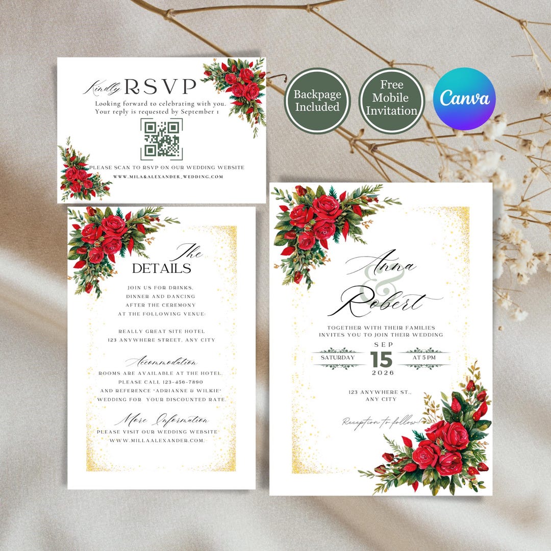 Watercolor Red Roses and Gold Frame Wedding Invitation Suite Template ...