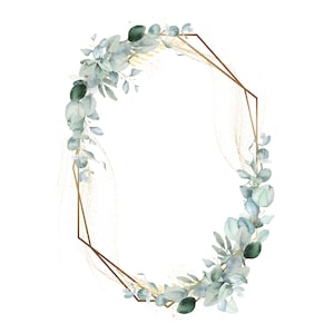 Eucalyptus en gouden frame clipart, groene bladeren slinger PNG, groen aquarel grens, bruiloft clipart, DIY-uitnodiging, digitale download