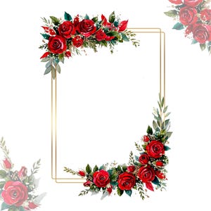 Clipart de eucalipto con marco dorado y rosas rojas, clipart de boda con flores, borde floral de acuarela con vegetación PNG, invitación DIY, descarga digital