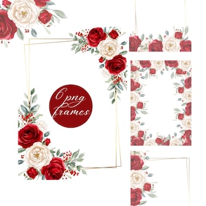 Puede incluir: Marcos y bordes florales en acuarela con rosas rojas y blancas, hojas verdes y bayas rojas. La imagen incluye un elemento circular con el texto "6 png frames" y marcos geométricos dorados.