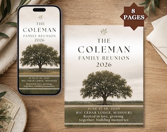 May include: A family reunion invitation with the text "The Coleman Family Reunion 2026" and an image of a large tree. The invitation also includes the date "June 17-19, 2025" and the location "Big Cedar Lodge, Missouri". The invitation is displayed on a phone and a printed card.