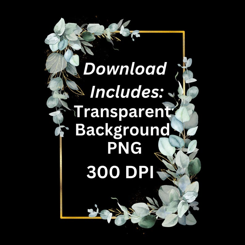 Eucalyptus and Gold Frame Clipart, Green Leaves Garland PNG, Greenery ...