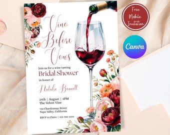 Szablon zaproszenia „Vino Before Vows”, edytowalne zaproszenie na degustację czerwonego wina na wieczór panieński, bordowe zaproszenie ślubne z kwiatowym wzorem, natychmiastowe pobranie