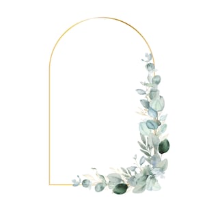 Corona de eucalipto y arco dorado, imágenes prediseñadas, marco de acuarela con vegetación, hojas verdes PNG, imágenes prediseñadas de boda, invitación de bricolaje, descarga digital
