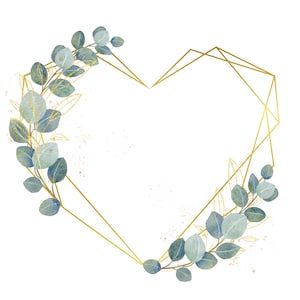 Eukalyptus und Gold Herz Kranz Clipart, Greenery Aquarell Rahmen, Hochzeits Clipart, Blätter Kranz PNG, DIY Einladung, digitaler Download
