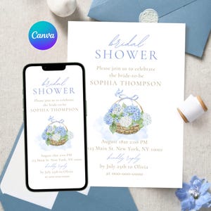 Blue and White Bloom Hydrangea Bridal Shower Invitation Template, Blue Flowers Design, Editable Floral Bridal Brunch, Digital Download