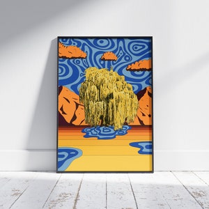 Estampado de plantas coloridas A5 A4 y A3 | Póster estilo años 60/70 de un sauce llorón