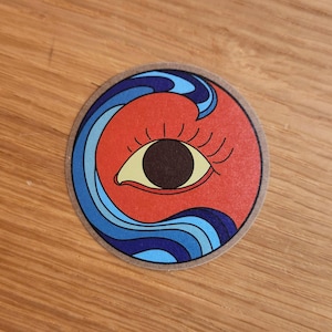 sticker logo damecuriosity illustration | autocollant oeil avec vague rétro année 70