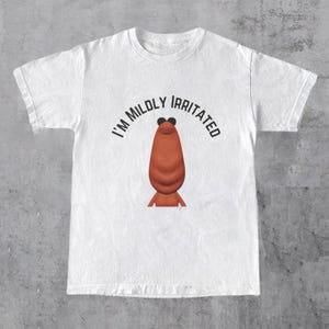 May include: White t-shirt with the text "I'M MILDLY IRRITATED" and a cartoon illustration of a brown, oval-shaped creature with black eyes. A casual, everyday wear item.