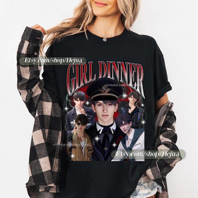 May include: Black t-shirt with a graphic print of a group of anime characters. The text "Girl Dinner" is printed in red and white letters on the shirt. The characters are wearing different outfits, including a military uniform, a suit, and a casual outfit. The text "www.etsy.com/shop/Heju" is printed on the shirt.
