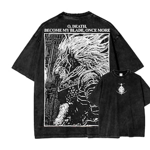 May include: Black graphic t-shirt featuring a detailed white illustration of a knight on horseback, with the text "O, DEATH. BECOME MY BLADE, ONCE MORE." A smaller shirt with a white graphic is also visible.