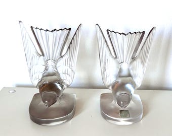 Lalique crystal Hirondelles pair of bookends sculpture of swallows vintage