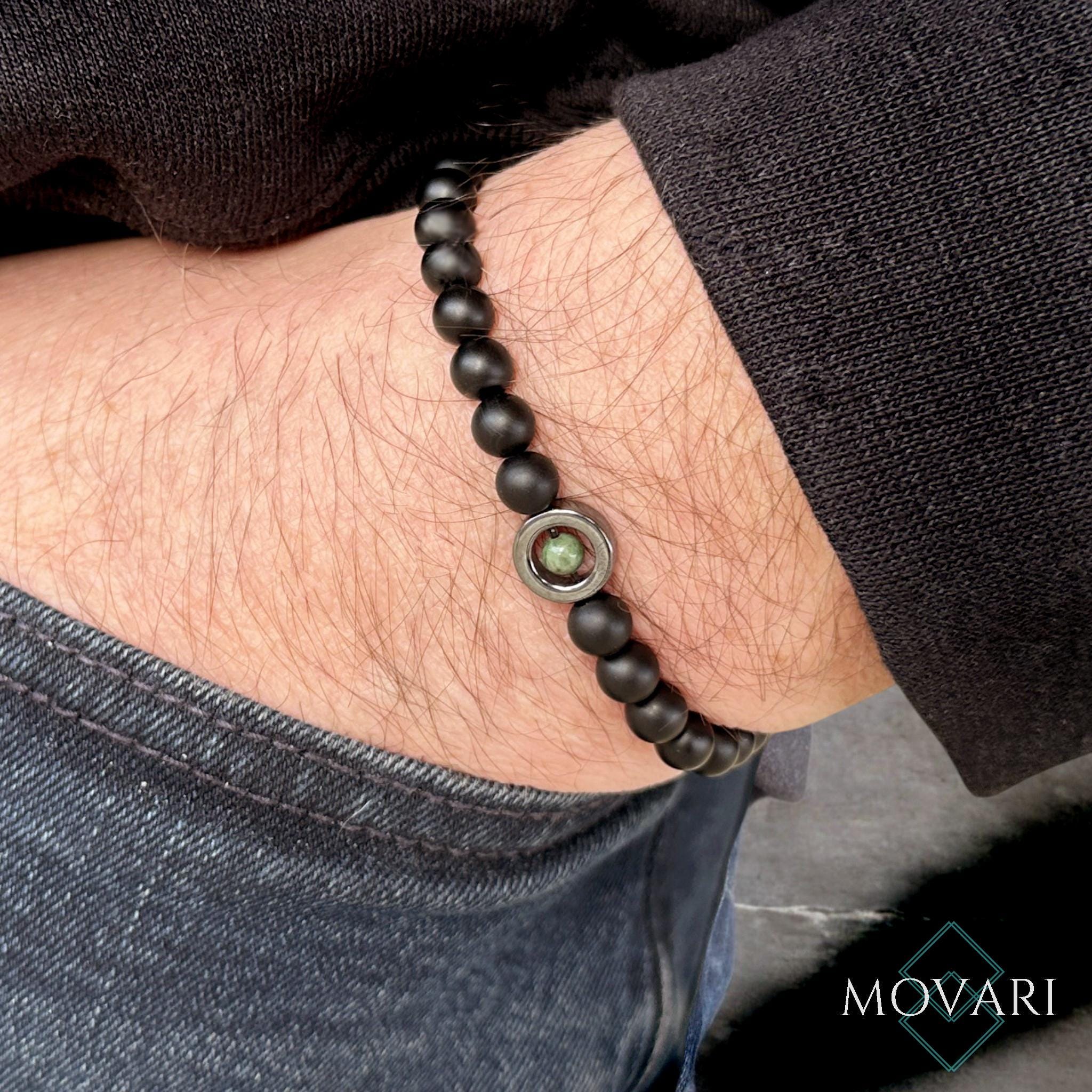 Unique Floating Emerald Bracelet, Matte Onyx, Hematite Men's 6mm Bead Stretch Bracelet May Birthstone Love Prosperity Mens Custom Jewelry US