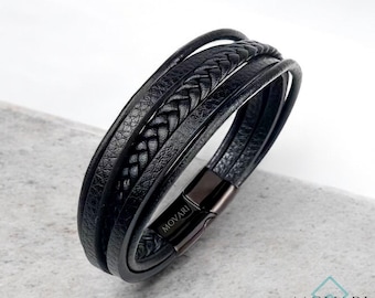 Five Layer Black Leather Bracelet With Stainless Steel Magnetic Clasp, Modern Braided Quality Genuine Leather Bracelet, Handcrafted Jewelry