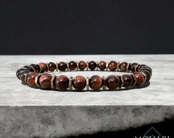 Red Tiger&#39;s Eye, Copper Hexagon Hematite Unisex Bead Stretch Bracelet 6mm Willpower and Protection Quality Men&#39;s Jewelry Movari Handmade USA