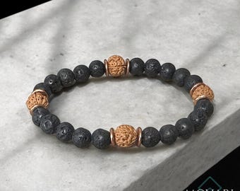 Meditation Bracelet Rudraksha, Lava and Copper 8mm Unisex Bead Stretch Bracelet Movari Custom Tibetan, Spirituality Handmade In the US