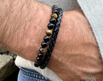 Tigers Eye And Obsidian Bracelet, Braided Leather Bracelet, Protection Bracelet, Two Layer Gemstone & Leather Bracelet With Stainless Steel
