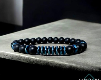 The POWER 8! Matte Onyx & Blue Hematite Bead Stretch Bracelet High Quality Custom Mens Jewelry Balance - Power Movari Gift For Him USA Made