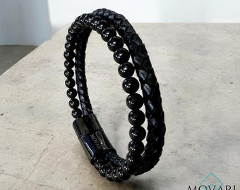 Two Layer Obsidian And Braided Leather Bracelet, Protection Bracelet Stainless Steel Magnetic Clasp, Quality Handmade Leather Jewelry Movari