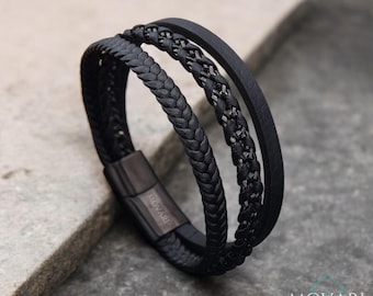 Three Layer Woven Leather Bracelet With Stainless Steel, Modern Braided Black Leather Bracelet, Magnetic Clasp, Handcrafted Leather Jewelry