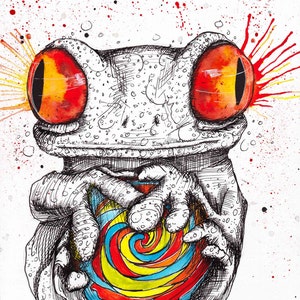 FROG ART - Animal Drawing - Surreal Amphibian - Children&#39;s Bedroom - Nursery Art - Watercolor Print - Colorful Frog Poster