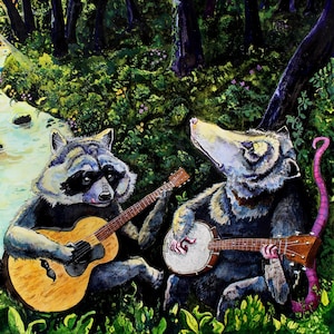 Raccoon and Opossum playing music - Raccoon Art - Opossum Art - Animals Playing Instruments - &quot;Crack of Dawn&quot; by Landon Fraker
