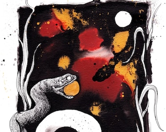 May include: A black and white ink illustration of a snake with a white body and a black head. The snake is coiled around a black circle. The background is a dark red and gold watercolor wash with a white moon.