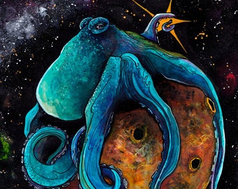 Octopus Art - Octopus Wall Art - Octopus Print - Space Art - Octopus Painting - Octopus Gifts - "Once Upon A Star" by Landon Fraker