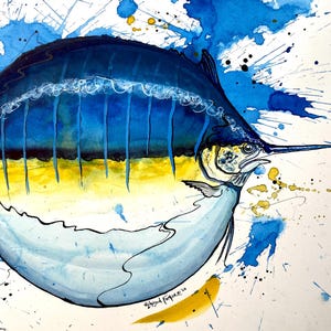 May include: A watercolor painting of a marlin fish featuring a deep blue upper body, a vibrant yellow midsection, and a light gray underbelly. The artwork is surrounded by expressive blue and yellow paint splatters on a white background.