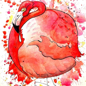 Puede incluir: Pintura a la acuarela de un flamenco en tonos rojos y rosas, con un ojo amarillo y un pico blanco. El ave se encuentra sobre un fondo blanco con salpicaduras de pintura roja y rosa. El flamenco está de pie sobre una pata.