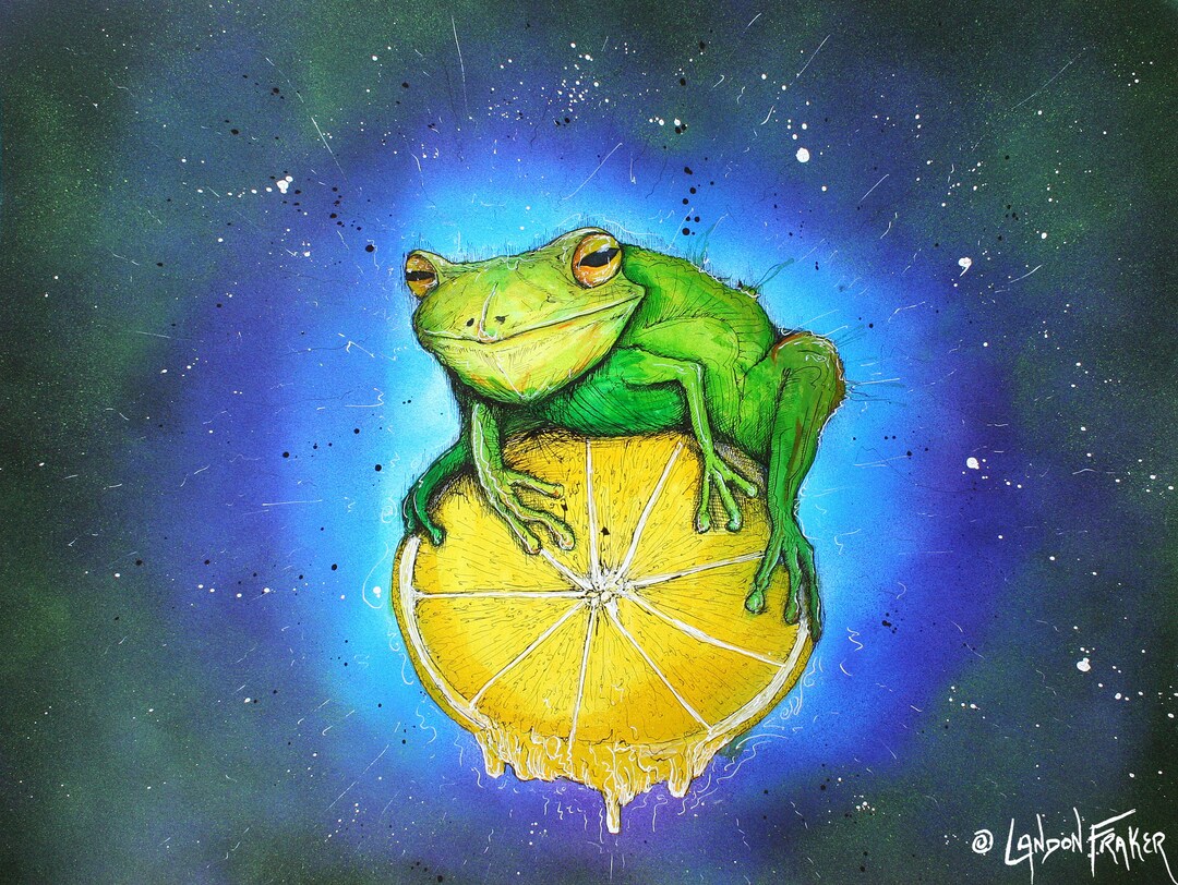 Frog Sitting on Lemon - Surreal Animal Art- Funny Frog Painting