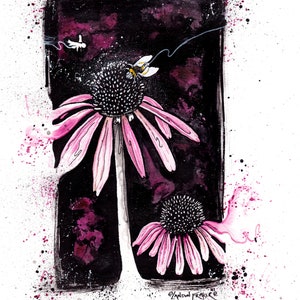 ECHINACEA ⋆ Fine Art Print ⋆ Pen and Ink Illustration⋆ INKTOBER 2021 ⋆ Pokeweed Ink Painting by Landon Fraker Art - Flower Wall Art