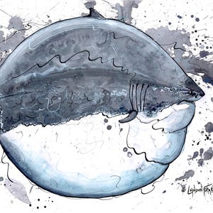 Fat Great White Shark Print – Watercolor and Ink Fish Art by Landon Fraker