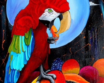 Parrot Wall Art - Fine Art Print - Bird with Full Moon and Fruit - Tropical Artwork - "Food of the Gods" by Landon Fraker Art