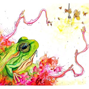 Frog with Moths and Lightbulb, Spirit Animal, Frog Poster, Fine Art Print, Fantasy Art, Frog Gift, Animal Art, &quot;Introspective Illumination&quot;
