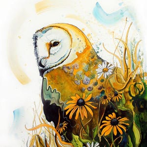 Owl and Flowers - Owl Artwork - Owl Painting - Black Eyed Susan - Owl Gifts - &quot;Looking Through Petals&quot; by Landon Fraker
