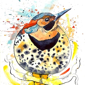 May include: Watercolor painting of a bird with a yellow, black, and orange body, perched on a branch. The bird has a blue head and a long, pointed beak. Splatters of yellow, blue, and red paint surround the bird.
