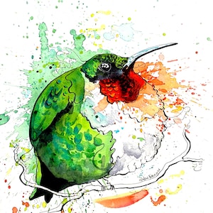 May include: Watercolor painting of a hummingbird perched on a branch. The bird has a green body, a red throat, and a long, black beak. The background features colorful paint splatters in shades of green, orange, and yellow.