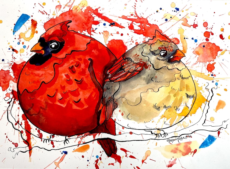 Fat Cardinal Couple Print - Watercolor and Ink Bird Art by Landon ...