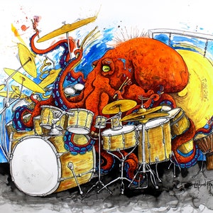 Octopus Watercolor - Octopus Art - Octopus Drumming - Octopus Wall Art - Gifts for Drummers - &quot;Pus in the Pocket&quot; by Landon Fraker