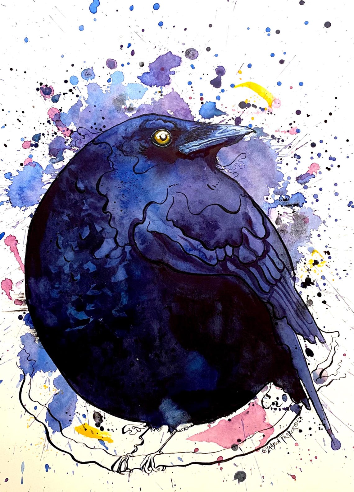 Fat American Crow Print – Watercolor and Ink Bird Art by Landon Fraker ...