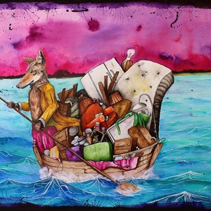 Coyote Rowing a Boat Full of Possessions, Animal Art, Wildlife Poster, Surreal Animal Painting, Spirit Animal, &quot;Me, My Stuff and I&quot;