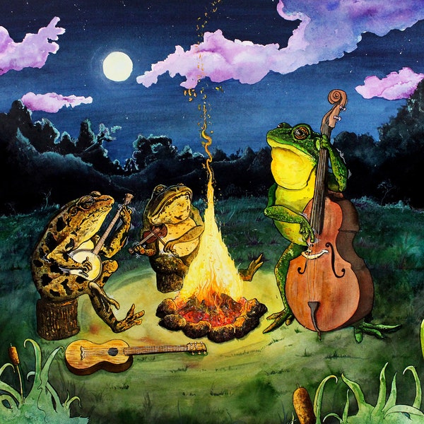 Frogs Playing Music - Banjo Frog - Musicians Gifts - Frog Art - Bullfrog Art - Biology Art - Frog and Toad - "Night Life" by Landon Fraker