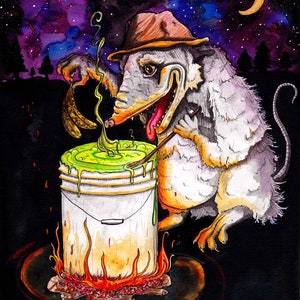 Funny OPOSSUM Cooking / Humorous Animal Art, Opossum  Poster, Wildlife Art, Animal Humor, Kids Room  &quot;Country Cocktail&quot; by Landon Fraker Art
