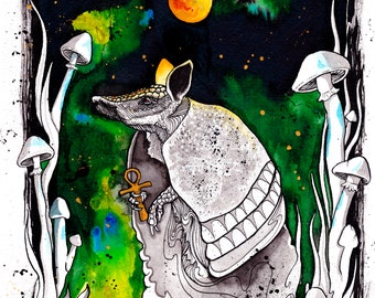Armadillo Art - Trippy Animal Wall Art - Mushroom Poster - Pen and Ink Illustration-  "Ankh Life" by Landon Fraker