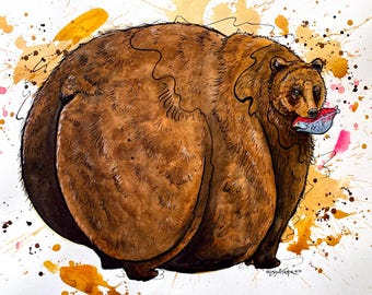 Fat Bear with Salmon Print – Watercolor and Ink Art by Landon Fraker