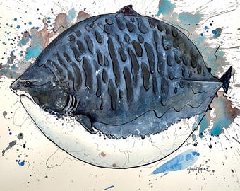 May include: A watercolor painting of a round, dark blue fish with black vertical stripes and a white underbelly. The artwork features expressive ink outlines and vibrant blue and brown paint splatters surrounding the central fish figure.