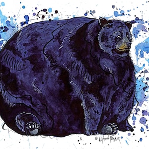 May include: A watercolor illustration of a large, round black bear sitting down, rendered in deep purple and black tones. The bear is surrounded by vibrant blue and purple paint splatters and drips. The artist signature Landon Fraker is visible.